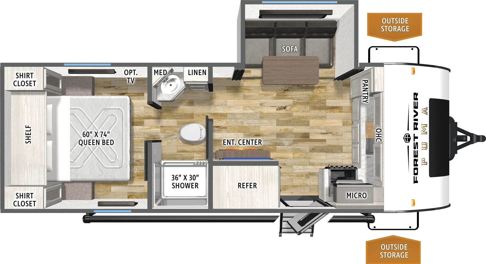 The Puma Camping Edition 211FKCE floorplan has one entry and one slide out. Exterior features include: metal exterior. Interiors features include: front kitchen, rear bedroom and pass through bathroom.
